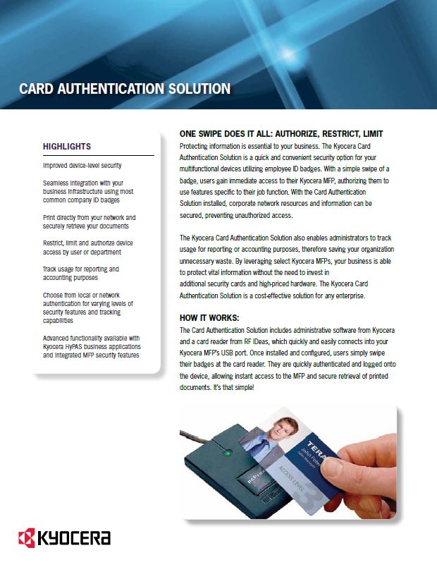Kyocera, Software, Cost Control, Security Card Authentication, SVOE